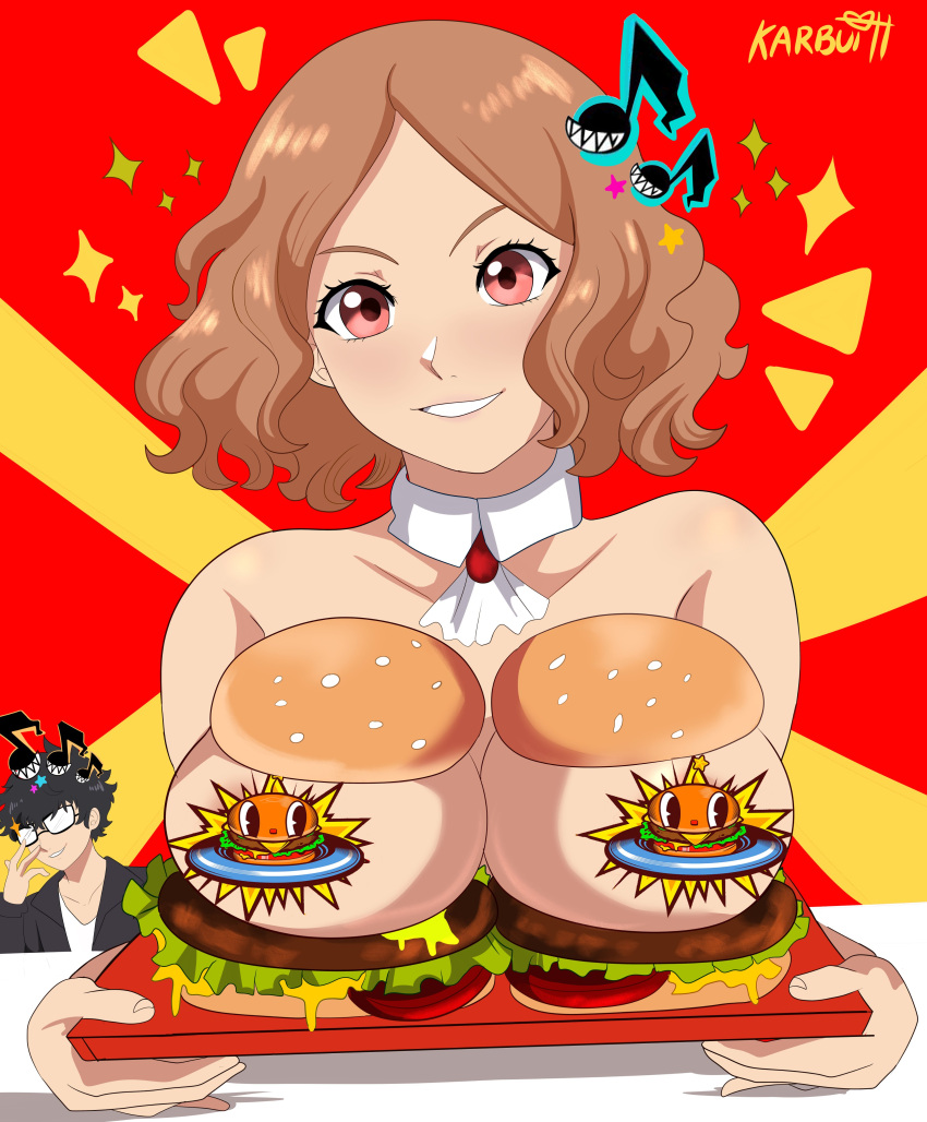 1boy 1girls atlus black_hair breast_rest breasts breasts_on_tray brown_hair convenient_censoring curly_hair female food hamburger_bun haru_okumura hi_res huge_breasts joker_(persona) karbuitt male pasties persona persona_5 ren_amamiya short_hair smile