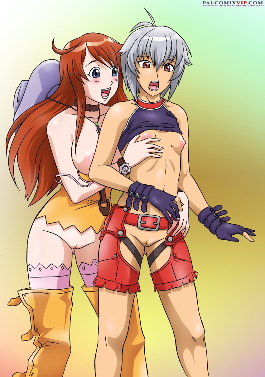 2girls artist_name artist_website bakuretsu_tenshi bare_shoulders bbmbbf belt blue_eyes blush boots breast_size_difference burst_angel choker clock from_behind gloves gonzo grabbing_another's_breast gradient_background grey_hair hand_on_another's_stomach hat holding_hands jo_(bakuretsu_tenshi) jo_carpender large_breasts meg_(bakuretsu_tenshi) megumi_mitarai multiple_girls navel nipples no_bra no_panties no_underwear nude open_mouth open_shirt palcomix palcomix_vip partially_nude pendant red_eyes red_hair shirt shirt_down shirt_up skirt small_breasts thigh_highs uncensored yuri