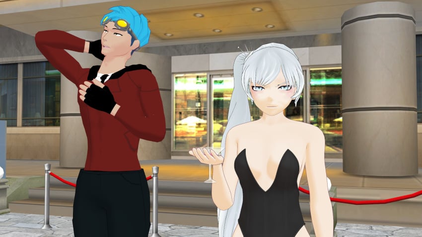 1boy 1girls blue_hair clothed_female clothed_male dress goggles neptune_vasilias rwby theblackbirdcalls weiss_schnee white_hair white_hair_female wine_glass