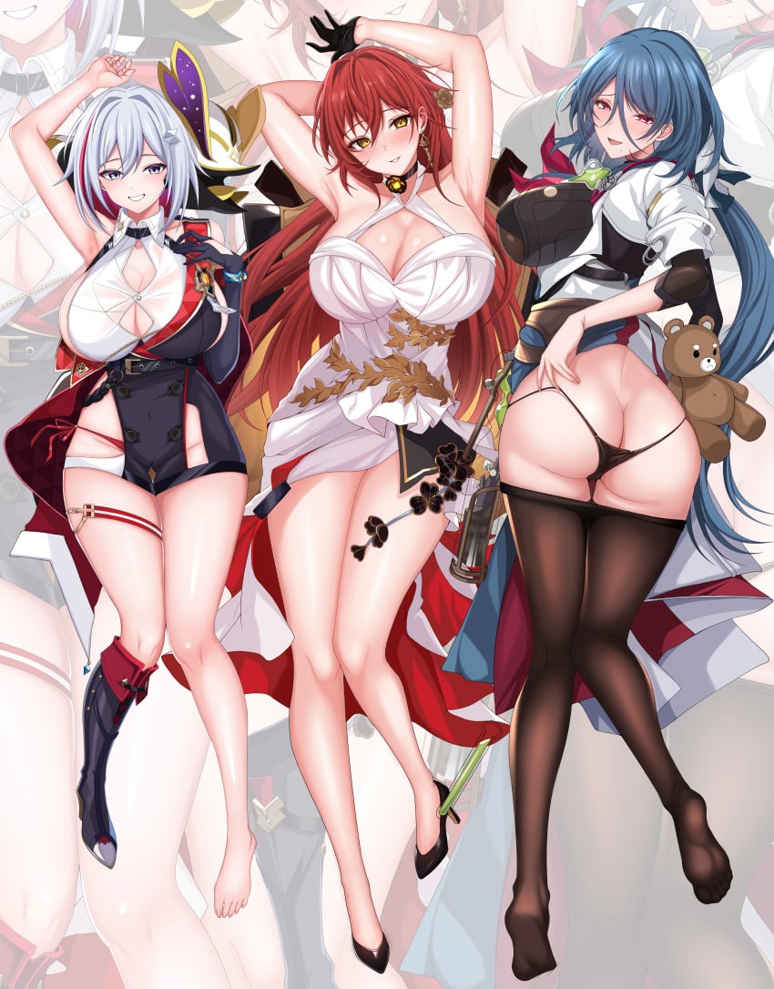 3girls ass big_breasts black_panties blue_hair blush boots breasts butt_crack cameltoe cleavage dress heels himeko_(honkai:_star_rail) honkai:_star_rail honkai_(series) light-skinned_female light_skin long_hair looking_at_viewer multicolored_hair multiple_girls natasha_(honkai:_star_rail) numby_(honkai:_star_rail) panties pantyhose purple_eyes red_eyes red_hair short_hair smile thighs topaz_(honkai:_star_rail) two_tone_hair white_dress white_hair yellow_eyes