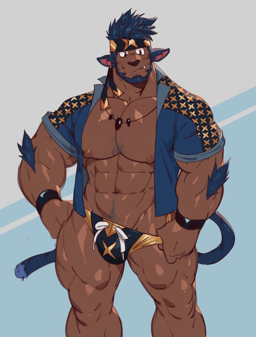 animal_ears bara beard beastman blush bulge chesschirebacon facial_hair headband indigo_(chesschirebacon) male male_only muscles muscular solo solo_male tail