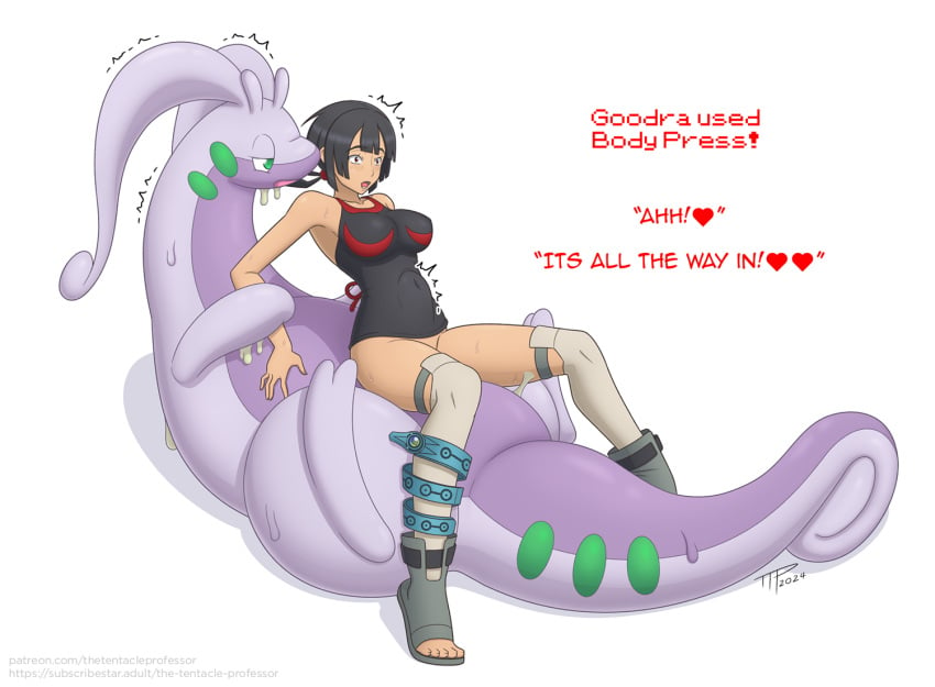 big_breasts black_hair clothed clothed_sex goodra large_penis mega_stone nintendo pokemon pokemon_(species) pokemon_oras pokephilia short_hair stomach_bulge sweat text the_tentacle_professor zinnia_(pokemon) zoophilia