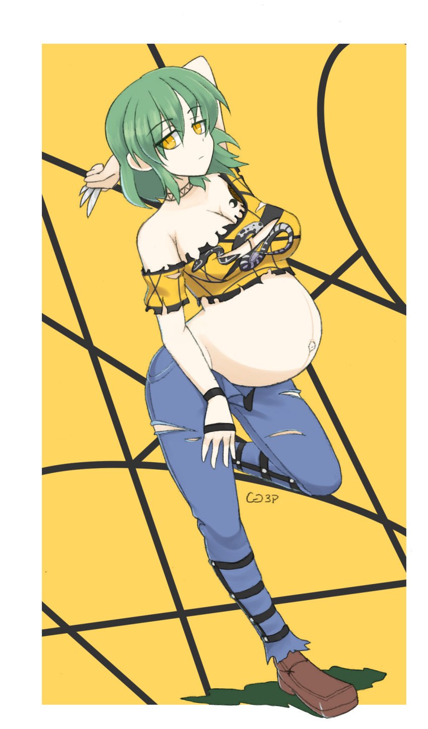 1girls big_belly cg3p chrisguy3 cleavage clothed clothing female female_only green_hair hikage_(senran_kagura) navel outie_navel pregnant senran_kagura short_hair snake_eyes snake_girl yellow_eyes