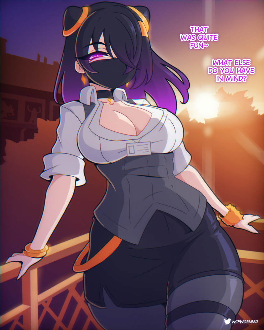 1girls big_breasts blushed breasts cleavage clothed comic comic_page curvy demon demon_girl demon_horns english eyelashes face_mask facemask female female_focus first_person_view genno girl hair_over_one_eye horns light_skin mask office pantyhose partially_clothed purple_eyes purple_hair succubus sunset thick_thighs thigh_strap wide_hips