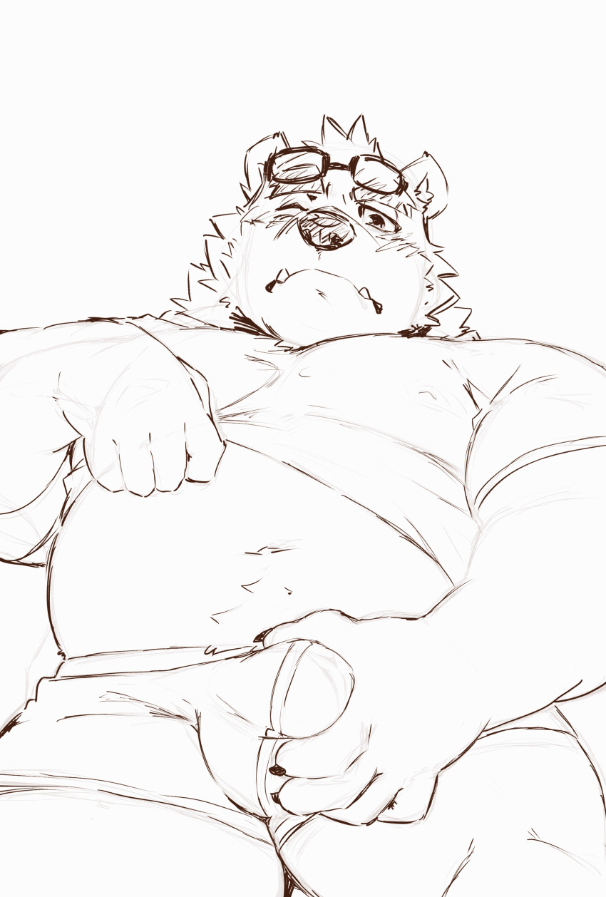 2024 absurd_res anthro bear belly bulge clothed clothing clothing_lift cute_fangs eyewear furry_only glasses heylaw21 hi_res humanoid_hands kemono male male_only mammal navel shirt shirt_lift simple_background slightly_chubby solo topwear underwear white_background