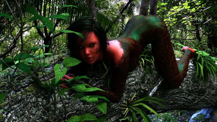 1girls 3d 3d_(artwork) 3d_model black_hair cgi completely_naked completely_naked_female completely_nude completely_nude_female female female_only feral feral_female feral_girl green_eyes green_scales hiding jungle jungle_girl long_hair lying_on_tree nude nude_female original_character red_skin scales seductive_gaze seductive_pose snake_girl surody wild_girl