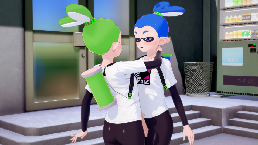 3d animal_humanoid anthro blush cephalopod cephalopod_humanoid clothed frottage frotting gay humanoid inkling inkling_boy john_(splatoon) kghgk male male/male male_only mask_(marking) nintendo pointy_ears pseudo_hair public splatoon splatoon_(series) squid tentacle tentacle_hair yaoi