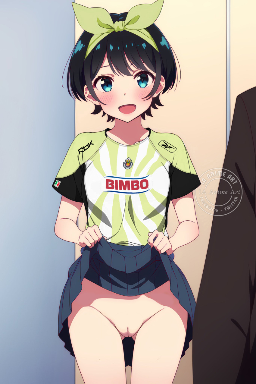 1girls bangs bimbo_(bakery) black_hair blue_eyes blush bottomless club_deportivo_guadalajara dark_hair female football_jersey grupo_bimbo hair_band jersey kanojo_okarishimasu lifted_by_self light-skinned_female light_skin looking_at_viewer nekom14 no_panties presenting presenting_pussy pussy reebok sarashina_ruka short_hair skirt skirt_lift skirt_up smile soccer_jersey solo uncensored white_skin