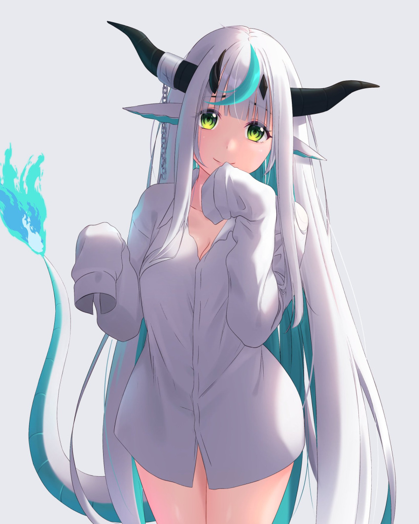 1girls animal_ears cleavage dragon_girl dragon_tail eiwy_fley female female_focus female_only front_view green_eyes highres horns indie_virtual_youtuber latam_virtual_youtuber light-skinned_female light_skin long_ears long_hair long_horns looking_at_viewer shirt shirt_only simple_background smiling smiling_at_viewer standing virtual_youtuber vjin vtuber vtuberfanart white_hair yuricross00