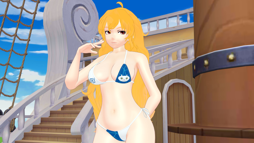 1girls 3d big_breasts bikini bikini_bottom bikini_top blonde_female blonde_hair busty cleavage cosplay female female_only hand_on_hip large_breasts long_hair long_hair_female nami navel one_piece posing post-timeskip red_eyes rwby smile theblackbirdcalls thousand_sunny yang_xiao_long