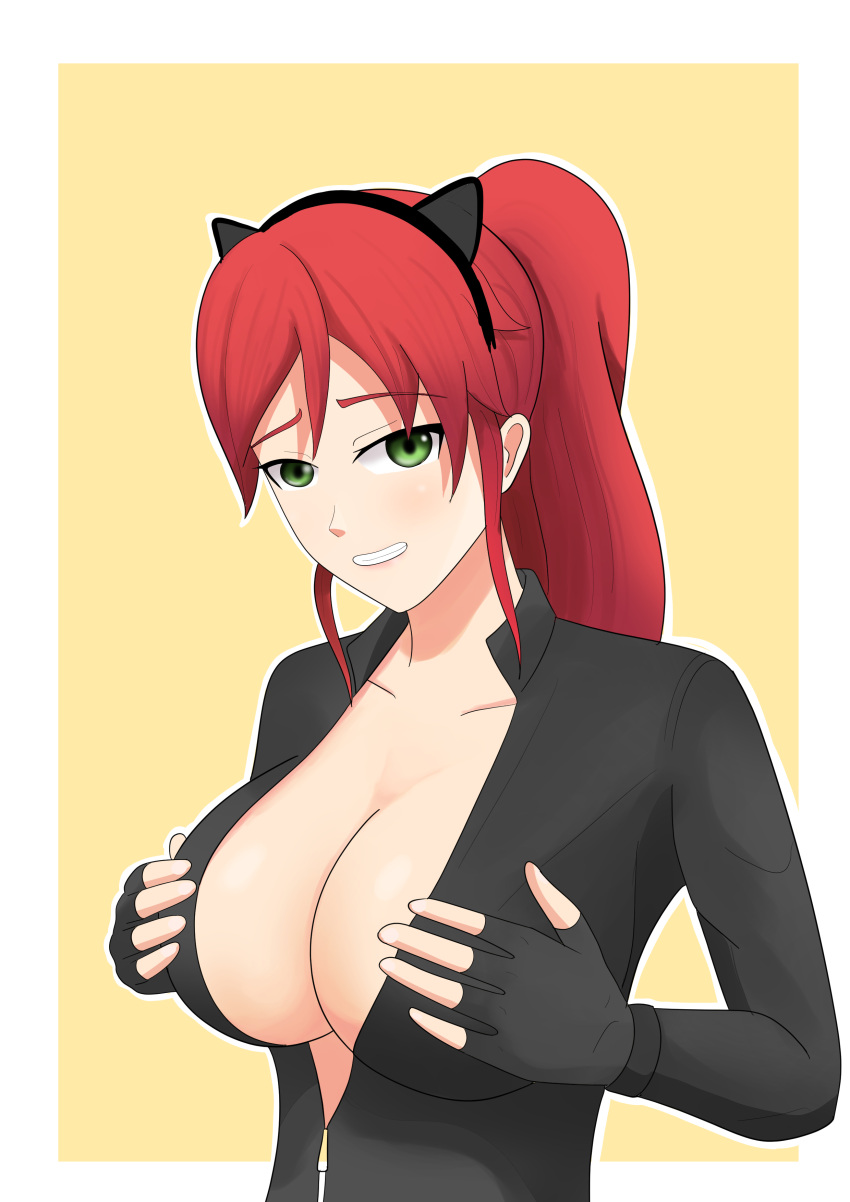 1girls bangs blush bodysuit cat_ears catsuit catwoman_(cosplay) cleavage cosplay deep_cleavage eyebrows_visible_through_hair fahaami female_only fingerless_gloves gloves green_eyes high_ponytail long_hair looking_at_viewer ponytail pyrrha_nikos red_hair rwby sidelocks smile solo solo_female tight_clothing