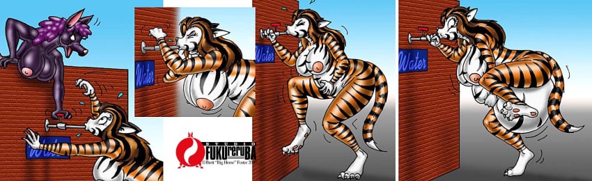 2003 anthro belly_expansion big_belly big_breasts breast_expansion breasts colored comic drinking fuusenroba inflation nude stuck tagme tiger umi_(big_horse)