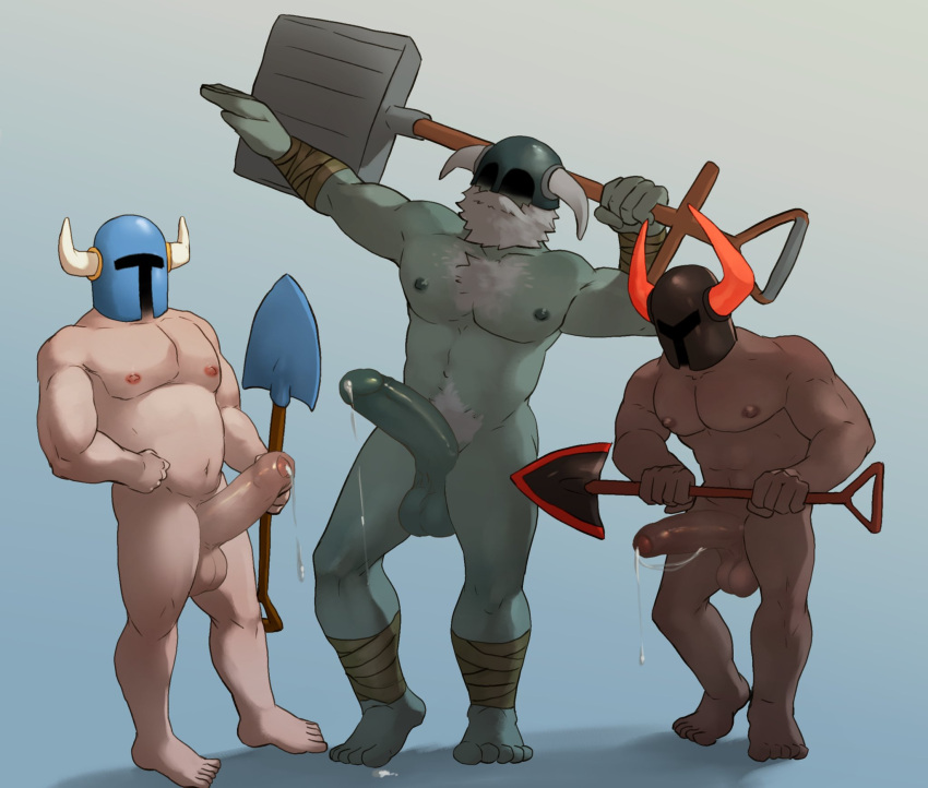 balls beard black_knight_(shovel_knight) boner erection facial_hair helmet helmet_only male male_only muscles muscular nude penis polar_knight rickpenman shovel shovel_knight shovel_knight_(character) size_difference yacht_club_games