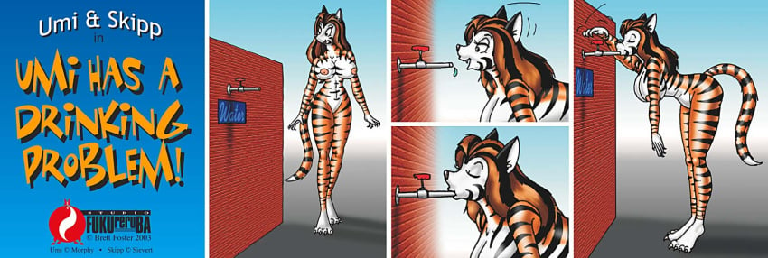 2003 anthro belly_expansion big_breasts breast_expansion breasts colored comic drinking fuusenroba inflation nude stuck tagme tiger umi_(big_horse) water_inflation