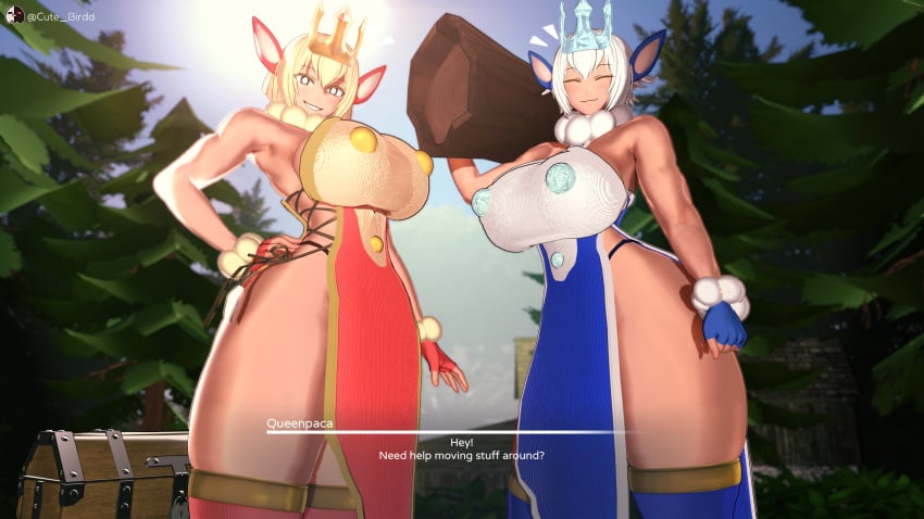 2girls 3d 3d_(artwork) alpaca animal_ears big_ass big_breasts big_thighs blonde_hair breasts closed_eyes clothed crown cute_birdd dress female gigantic_ass gigantic_breasts gigantic_thighs huge_ass huge_breasts huge_thighs human humanized humanoid koikatsu muscular_female outside pal_(species) palworld queen queenpaca_(pal) royalty short_hair smile thick_hips thick_thighs thigh_highs thighs white_hair