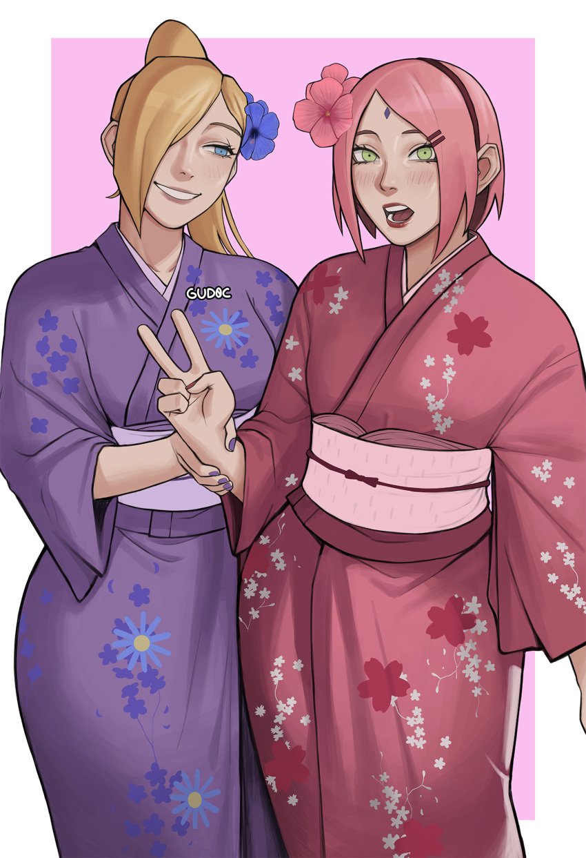 2girls blonde_hair blue_eyes boruto:_naruto_next_generations female female_only forehead_mark green_eyes gud0c hi_res ino_yamanaka kimono mature_female milf multiple_girls naruto naruto_(series) peace_sign pink_hair pink_kimono ponytail purple_kimono sakura_haruno short_hair simple_background watermark wide_hips yuri