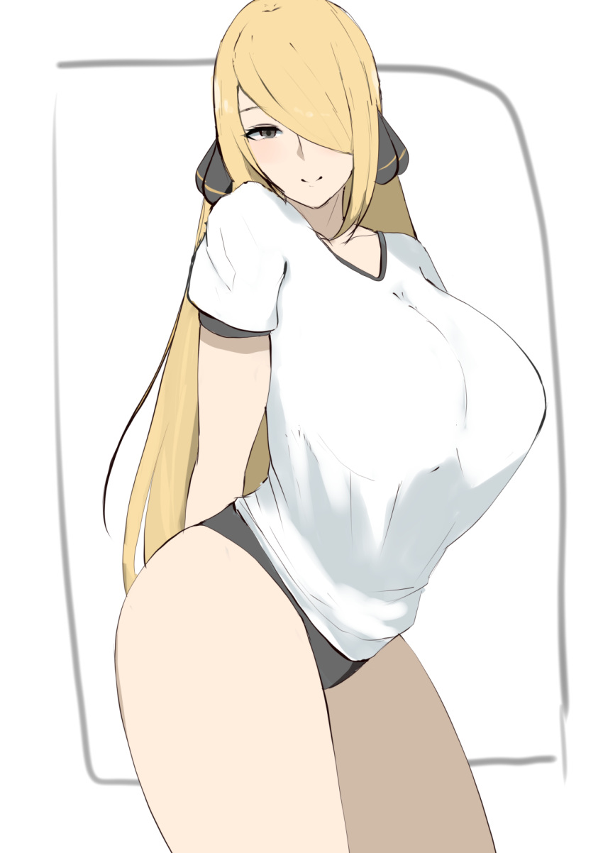 1girls ass big_ass big_breasts big_butt blonde blonde_hair blush breasts butt clothed clothes clothing collarbone cynthia_(pokemon) eyebrows eyelashes female female_only fully_clothed gigantic_breasts grey_eyes hair hair_ornament hair_over_one_eye hands_behind_back hips hourglass_figure huge_ass huge_breasts huge_butt human human_only humanoid large_ass large_breasts large_butt long_hair looking_at_viewer pokemon shadow simple_background smile solo solo_female sportswear standing t-shirt tatsu_(user_rjes8545) thick thick_ass thick_thighs thighs topwear underwear voluptuous white_background white_shirt wide_hips