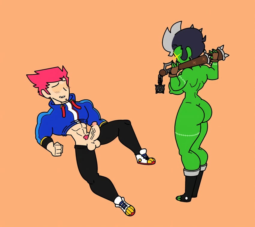 1boy 1girls ass balls bat bibi_(brawl_stars) brawl_stars colt_(brawl_stars) female fingerless_gloves green_skin male penis santiago951 zombibi_(brawl_stars) zombie