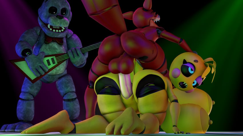 3d adjajdaks animatronic bonnie_(fnaf) five_nights_at_freddy's foxy_(fnaf) huge_breasts sex source_filmmaker toy_chica_(fnaf)