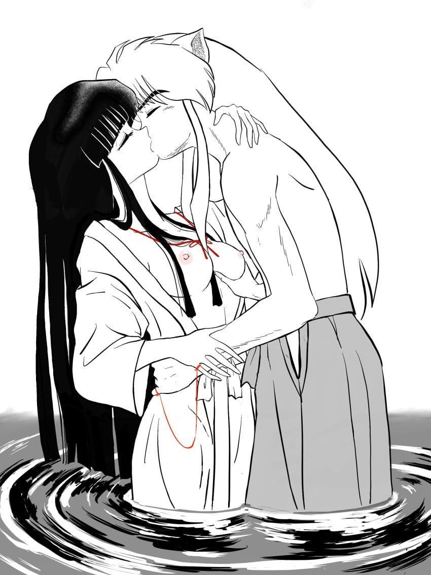 animal_ears breasts doujinshi female groping_breasts hatsuneemon imminent_sex inuyasha inuyasha_(character) kikyo kissing male nipples