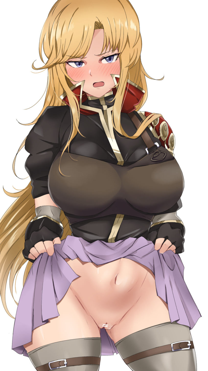 1girls angry armor ass_visible_through_thighs bar_censor bare_thighs black_gloves black_shirt blonde_hair blue_eyes blush breastplate breasts censored clarisse_(fire_emblem) clothes_lift cowboy_shot embarrassed eyebrows_visible_through_hair female female_only fingerless_gloves fire_emblem fire_emblem:_new_mystery_of_the_emblem fire_emblem_heroes full-face_blush gloves groin head_out_of_frame heavy_blush highres large_breasts lifted_by_self long_hair looking_at_viewer miniskirt navel nintendo no_panties open_mouth out_of_frame presenting presenting_pussy purple_eyes pussy shirt short_sleeves simple_background skirt skirt_lift solo thighhighs thighs toshimasa toshimasa_(ztvy3575) upskirt very_long_hair white_background