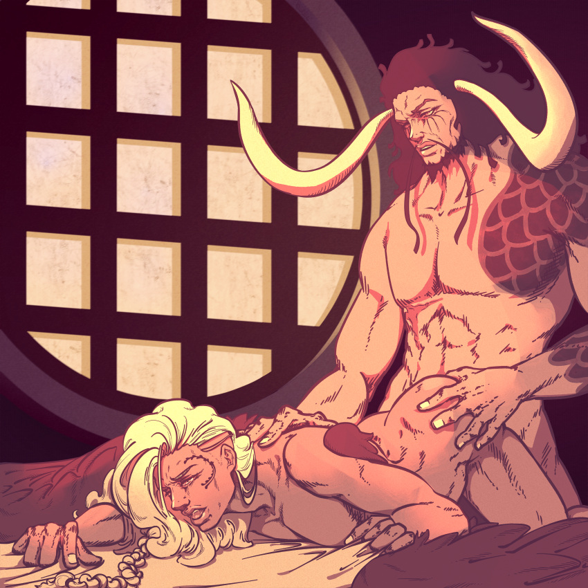 2boys anal anal_penetration anal_sex asteriapiovra bara black_hair gay horns kaido_(one_piece) king_(one_piece) male_focus male_only muscular_male one_piece size_difference small_sub_big_dom tagme white_hair yaoi