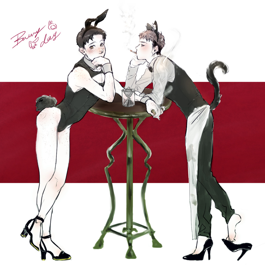 2boys attack_on_titan brunette bunny_costume bunny_ears bunny_tail cat_ears freckles high_heels jean_kirstein male_focus male_only marco_bodt nekon shingeki_no_kyojin smoking waiter