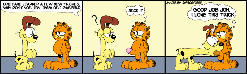 balls canid canine canis comic domestic_cat domestic_dog duo english_text felid feline felis fellatio feral forced garfield_(series) garfield_the_cat gay genitals hi_res holding_ears inprogress male male/male mammal odie oral penile penis sex text