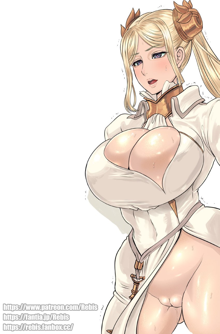 1girls about_to_burst alternate_version_available big_breasts blonde_hair breasts_bigger_than_head cleavage exposed_pussy expressionless female female_only hourglass_figure nier:_automata overflowing_breasts purple_eyes pussy rebis shaking tagme twintails white_background yorha_commander