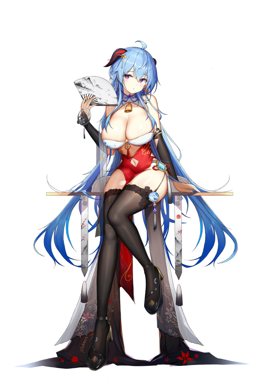 1girls abs absurd_res bangs bare_shoulders bell bell_collar belly_button big_breasts black_legwear black_stockings blue_hair blush breasts chinese_clothes cleavage fan female ganyu_(genshin_impact) garter_belt garter_straps genshin_impact gigantic_breasts hair_between_eyes heels hi_res highres hips horn horns huge_breasts kiriko_(araragikoyomi) large_breasts long_hair midriff plain_background purple_eyes shiny_skin shoulders simple_background sitting slim_waist small_waist solo stockings thick thick_thighs thigh_highs thighhighs thighs vision_(genshin_impact) waist white_background wide_hips