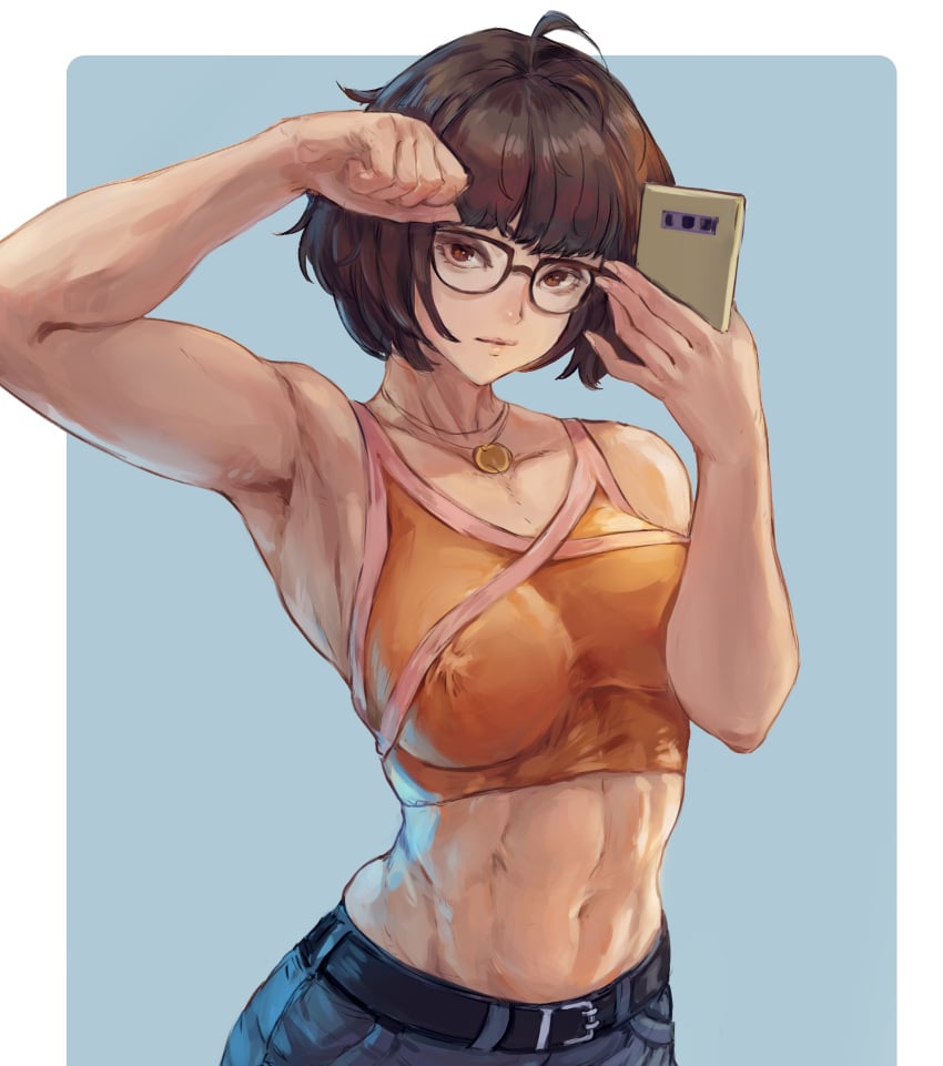 1girls abs athletic athletic_female big_breasts bob_cut brown_hair crop_top cutesexyrobutts cutesexyrobutts_(style) erect_nipples erect_nipples_under_clothes fit fit_female glasses looking_at_viewer muscular_female necklace original phone selfie short_hair solo tezy8art toned toned_female