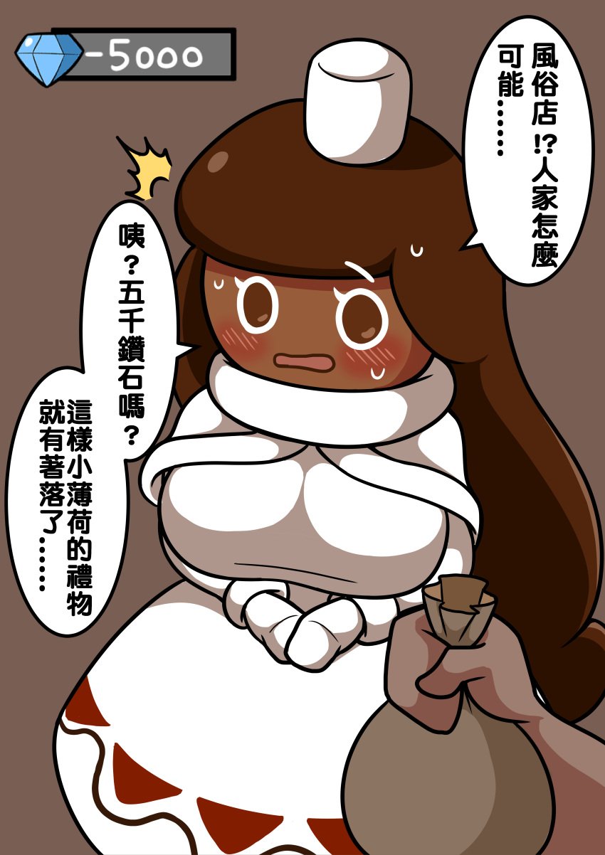 1girls anon big_breasts blush breasts brown_eyes brown_hair chinese_text clothing cocoa_cookie cookie_run dark-skinned_female dark_skin dialogue dress female female_focus flag_(artist) fully_clothed gloves grey_skin hair huge_breasts long_hair offscreen_character speech_bubble surprised sweat