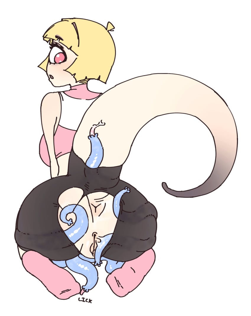 animal annie_(anaid) anus ass blonde_hair blue_tentacles cyclops from_behind kneeling monster_girl pink_eyes pussy short_hair tail tailclops_(species) tentacle torn_clothes tyoinked white_background