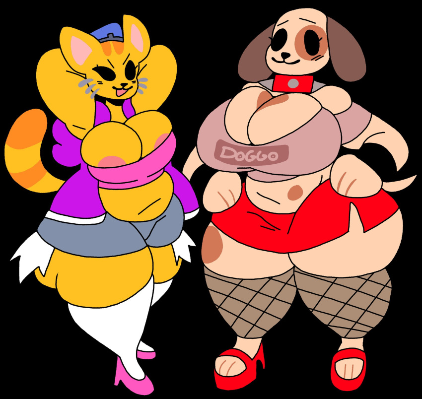 2girls anthro areola big_breasts black_background canine cat_emoji dog_emoji dork_boi emoji_(race) emojicat_(lewd_dorky) emojicat_and_emojidog_(series) emojidog_(lewd_dorky) feline female fishnet_stockings full-length_portrait fur_markings furry high_heels hoodie lewd_dorky looking_at_viewer portrait short_shorts short_skirt simple_background spiked_collar standing stockings streetwear tagme thick_thighs tube_top white_stockings wide_hips