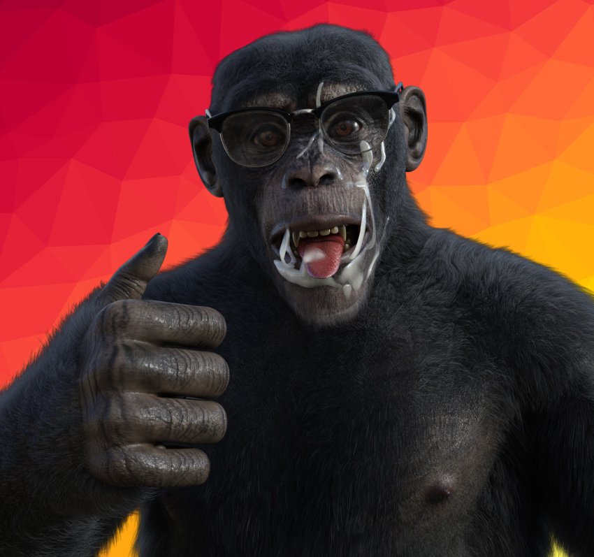 3d_(artwork) anthro ape bodily_fluids bukkake chimpanzee cum cum_on_face cum_on_tongue cum_taste digital_media_(artwork) eyewear genital_fluids gesture glasses haplorhine hi_res huskyman24 looking_at_viewer male mammal nipples primate solo thumbs_up tongue