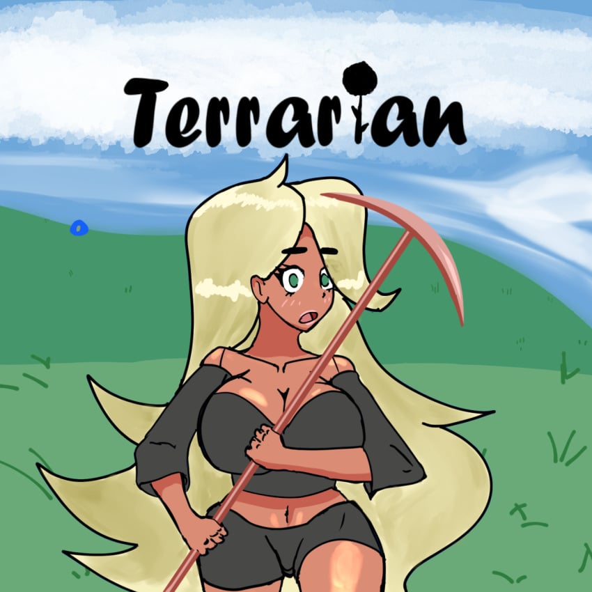 background big_hair blonde_hair blush brown_skin cleavage clouds field freesphinx green_eyes gyaru holding holding_object huge_breasts large_ass large_breasts midriff pickaxe shorts stomach surprised terraria thick_eyebrows thick_thighs