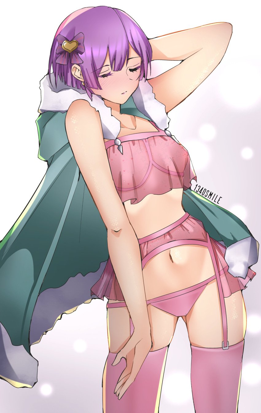 1340smile 1girls bernadetta_von_varley breasts closed_eyes earrings female_only fire_emblem fire_emblem:_three_houses garter_belt nintendo panties pink_panties post-timeskip purple_hair short_hair small_breasts solo thighhighs