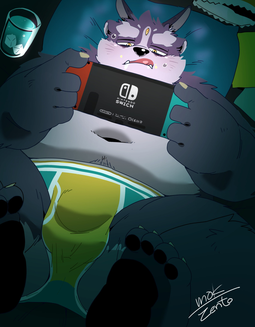 2022 absurd_res anthro balls_outline belly blush bulge clothing genital_outline hi_res humanoid_hands kemono lifewonders lying male navel nintendo nintendo_switch overweight overweight_male pillow solo tokyo_afterschool_summoners tsathoggua underwear uokkom video_games