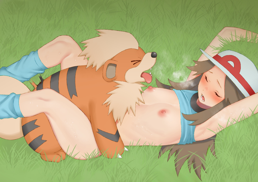 1boy 1girls ambiguous_penetration arms_up blue_shirt blue_socks blush breasts brown_hair canine clothing female female_penetrated feral feral_on_human feral_penetrating feral_penetrating_human flat_chest grass growlithe hat human human_penetrated larger_female leaf_(pokemon) lin_(artist) loose_socks lying male male/female male_penetrating male_penetrating_female male_pokemon/female_human missionary_position nintendo nipples open_mouth pokemon pokemon_(species) pokephilia sex shirt shirt_lift size_difference small_breasts smaller_male socks sweat tongue_out zoophilia