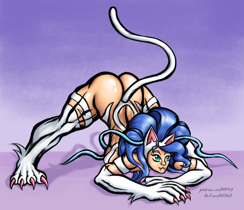 ass ass_up barely_clothed blue_hair capcom cat_ears cat_tail catgirl claws darkstalkers fangs felicia_(darkstalkers) green_eyes jack-o_pose ko-fi legs_apart legs_spread medium_breasts nsfwulf patreon purple_background simple_background top-down_bottom-up url white_fur