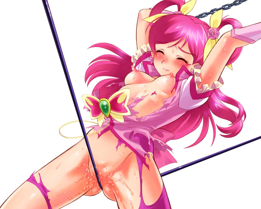 1girls blush censored closed_eyes closed_mouth clothing magical_girl nekozawa_yukari nozomi_yumehara pink_hair pretty_cure sippo-soft small_breasts tagme torn_clothes yes!_precure_5