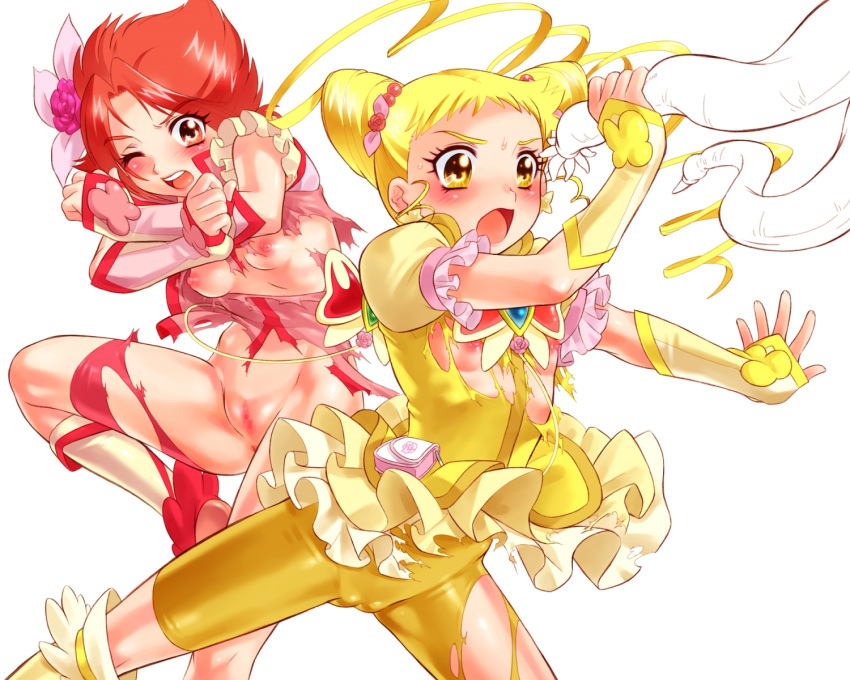 blush censored clothing cure_lemonade cure_rouge flat_chest magical_girl nekozawa_yukari pretty_cure rin_natsuki shorts sippo-soft small_breasts tagme tentacle torn_clothes urara_kasugano white_background