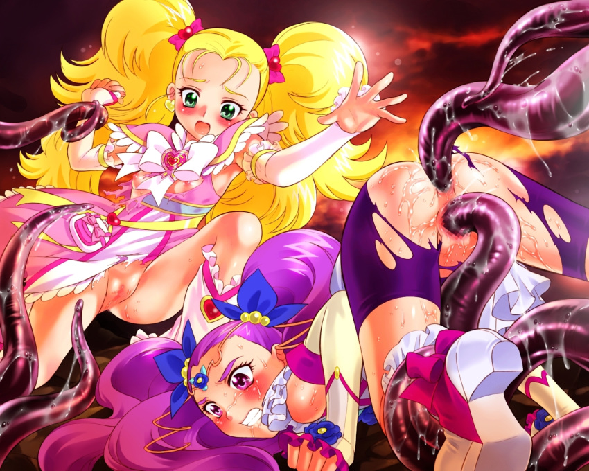 blush censored clothing dress flat_chest hikari_kujo hikari_kujou magical_girl milky_rose mimino_kurumi nekozawa_yukari pretty_cure shiny_luminous shorts sippo-soft tagme tentacle tentacles torn_clothes yes!_precure_5