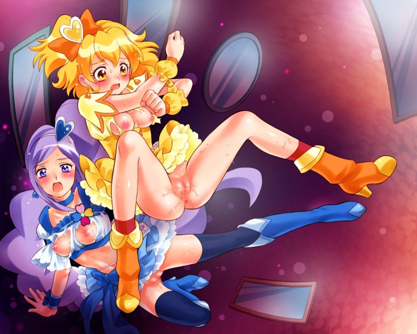 blush bow censored clothing cure_berry cure_pine dress fresh_pretty_cure inori_yamabuki magical_girl miki_aono nekozawa_yukari pretty_cure sippo-soft skirt small_breasts stockings tagme torn_clothes