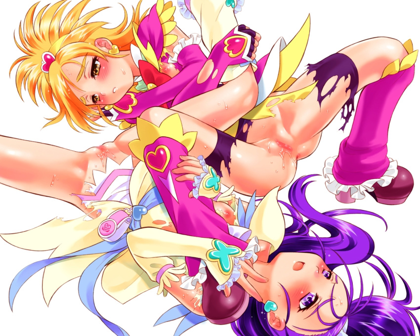 2girls blush censored clothing cure_bloom cure_egret female fresh_pretty_cure hyuuga_saki magical_girl mishou_mai nekozawa_yukari pretty_cure purple_hair sippo-soft small_breasts tagme torn_clothes