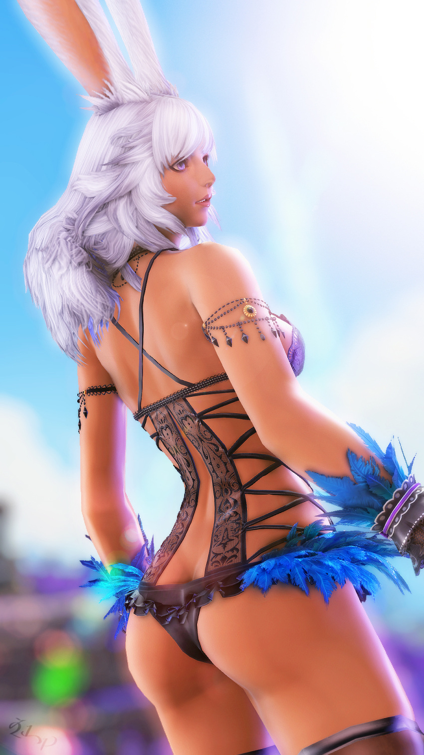 1girls ass bunny_ears dark-skinned_female dark_skin final_fantasy final_fantasy_xiv from_behind gpose(ffxiv) lingerie lyna_(final_fantasy_xiv) purple_eyes revealing_clothes solo solo_female solo_focus square_enix viera white_hair zly