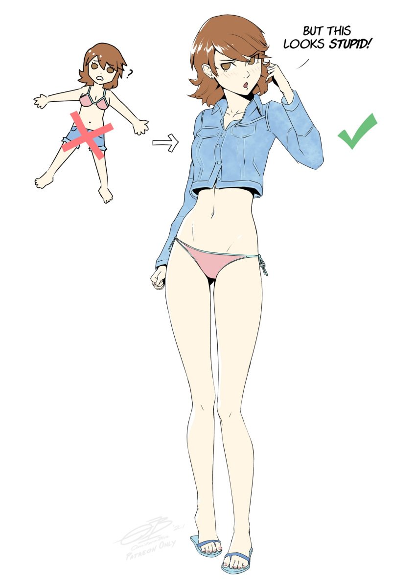 1girls annoyed bikini bikini_bottom bikini_top brown_hair check_mark crop_top cross female female_only midriff omniformblue persona persona_3 short_hair shorts shorts_removed side-tie_bikini skinny thighs yukari_takeba