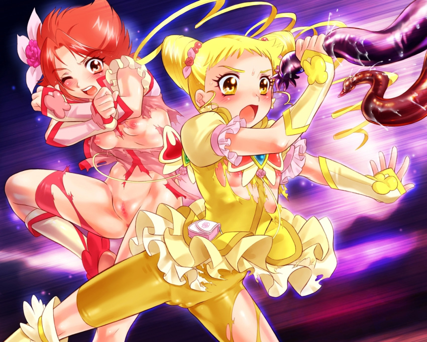 blush censored clothing cure_lemonade cure_rouge flat_chest magical_girl nekozawa_yukari pretty_cure rin_natsuki shorts sippo-soft small_breasts tagme tentacle torn_clothes urara_kasugano