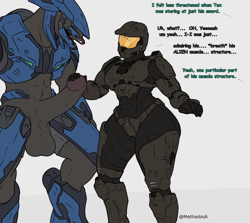 1boy 1girls alien armor armwear big_ass big_butt big_penis casual clothed_female_nude_male curvy curvy_figure dialogue erect_penis erection female female_human footwear halo_(series) handwear headwear helmet huge_cock human legwear male male_sangheili_(halo) manual methados red_vs_blue sangheili tagme tex_(rvb) thick_thighs touching_penis wide_hips