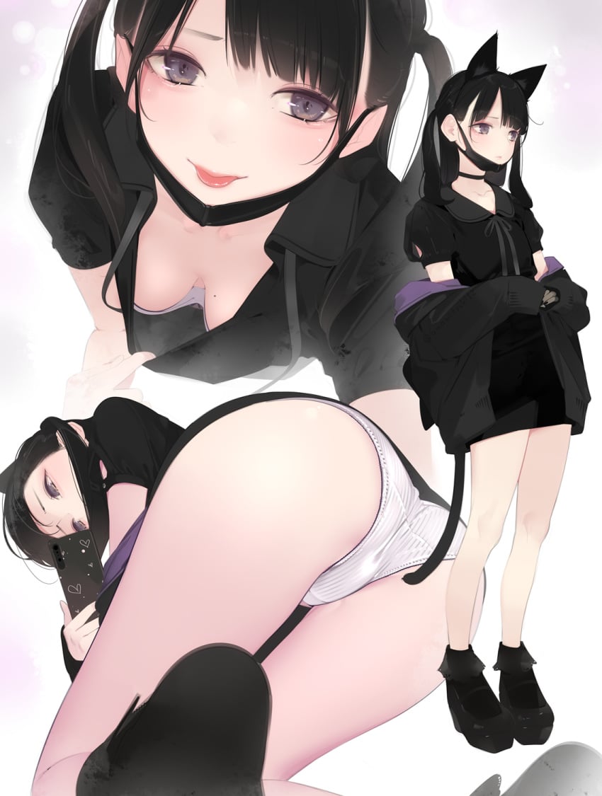 1girls ama_mitsuki anklehighs ass bent_over black_dress black_hair black_socks breasts cleavage close-up face_mask female_only flashing frilled_legwear frilled_socks mask nekomimi panties presenting smartphone socks solo standing taking_picture twintails upskirt white_background white_panties